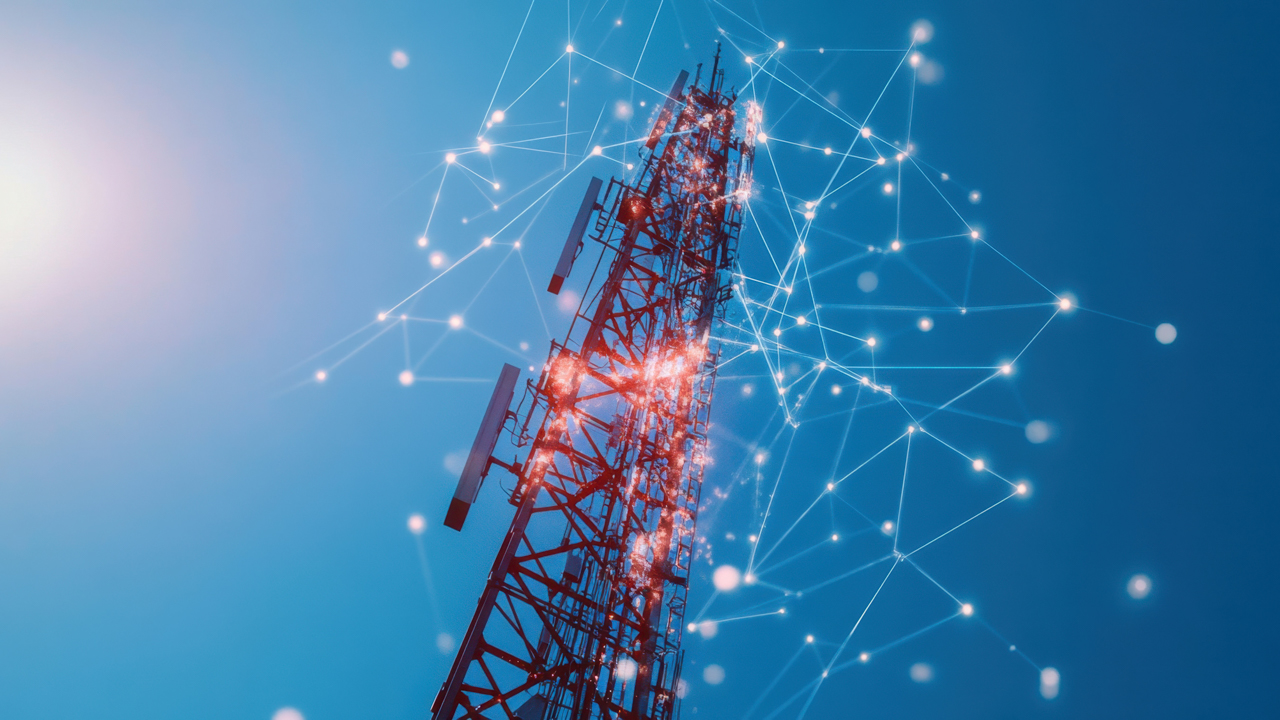 Ilustração conceptual de torre de rede móvel com feixes de sinal 5G a detetar um objeto voador não identificado no espaço aéreo, representando o conceito de network sensing ISAC