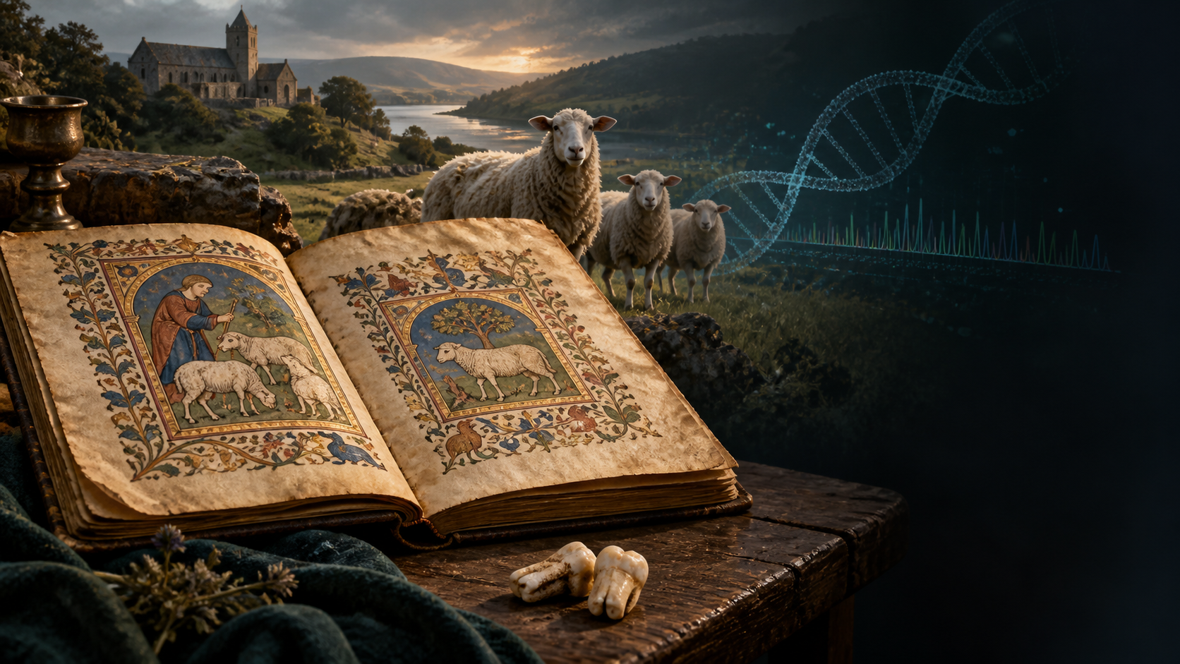 Ilustração editorial de um pergaminho medieval, um rebanho de ovinos e uma representação de ADN; não é uma fotografia de uma amostra real