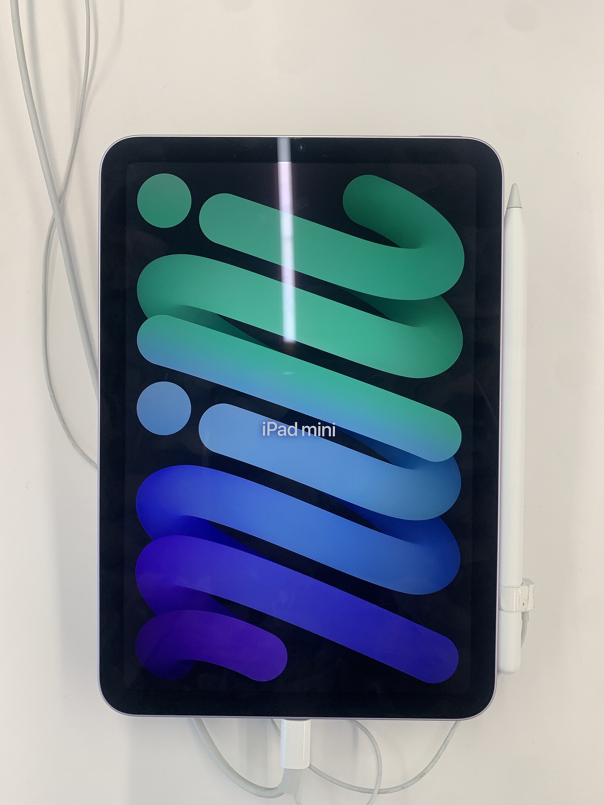 Fotografia de arquivo da frente de um iPad mini com A17 Pro, a geração anterior, com ecrã colorido e caneta à direita.