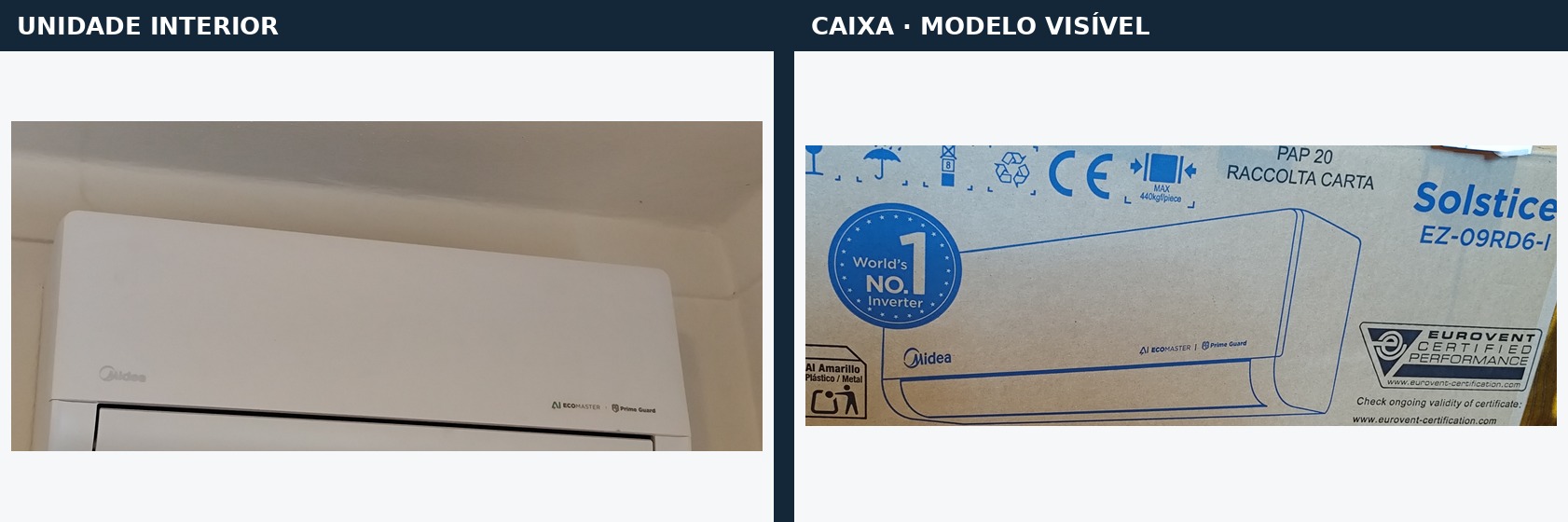 Montagem de recortes fechados de uma unidade interior Midea e da caixa com a identificação Solstice EZ-09RD6-I