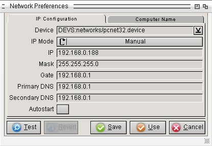Janela Network Preferences do AROS com configuração manual de IP, gateway e DNS