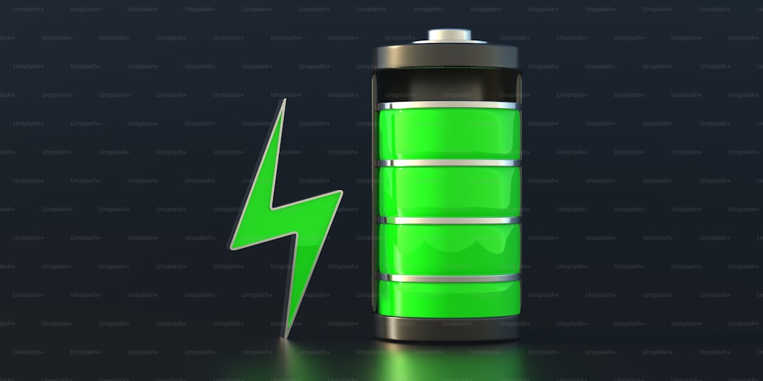 Ilustração conceptual de uma bateria cilíndrica verde com símbolo de relâmpago — representação do armazenamento de energia em baterias