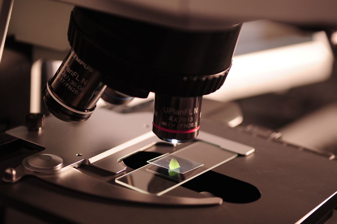 Microscópio ótico com lâmina de amostra biológica em ambiente laboratorial