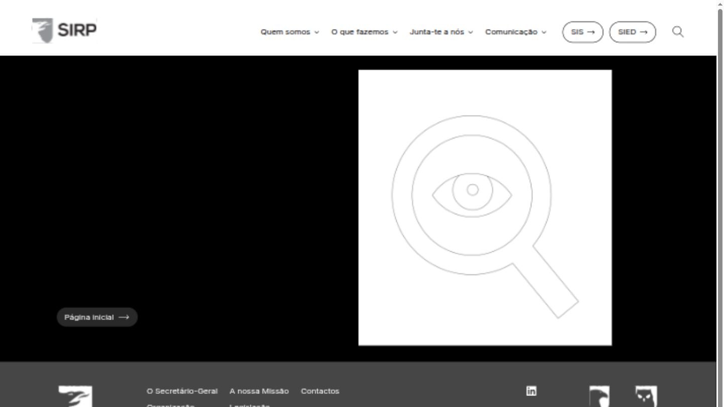 Página de erro do portal do SIRP, com a ilustração de uma lupa sobre um olho, o botão «Página Inicial» e o rodapé do site