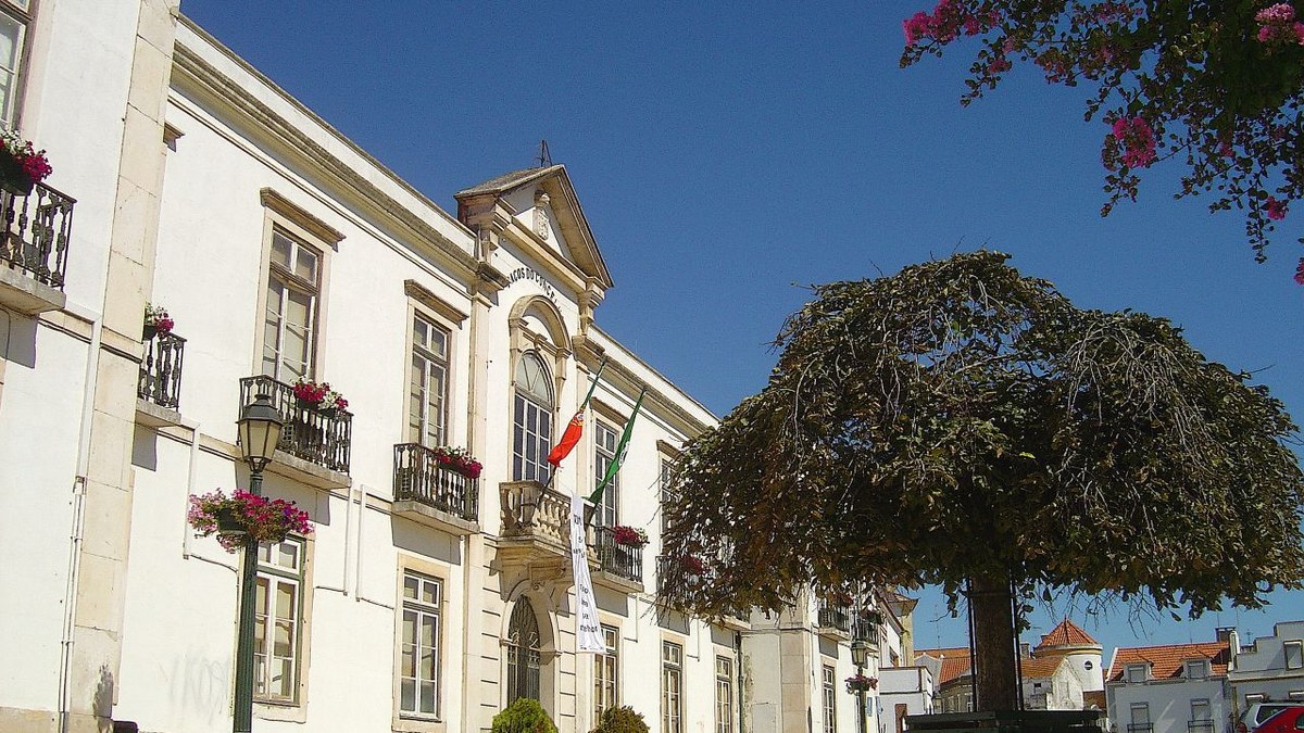 Edifício branco de dois pisos com janelas de sacada e varandas com flores, uma bandeira portuguesa e outra verde e vermelha à porta, uma árvore grande à direita e céu azul.