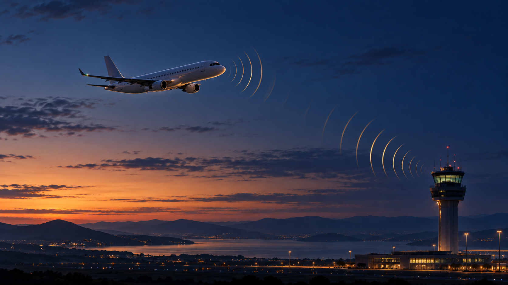 Avião comercial genérico e torre de controlo ligados por arcos gráficos de rádio, numa ilustração ao entardecer