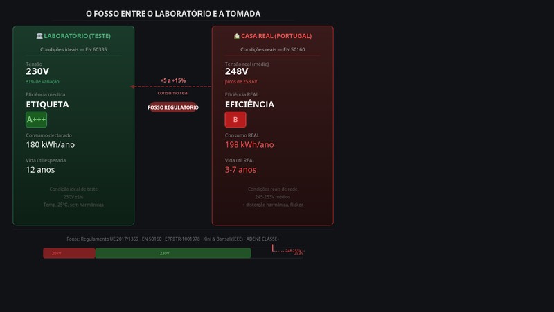 Infográfico comparativo: condições de laboratório (230V ±1%, etiqueta A+++, 180 kWh/ano) vs condições reais (248V média, eficiência B, 198 kWh/ano)