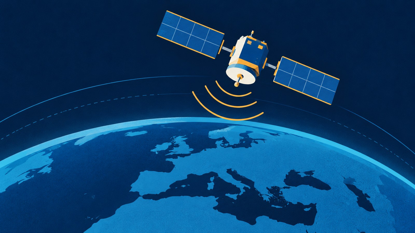 Ilustração de um satélite genérico de navegação sobre a Terra, com painéis solares e arcos de sinal.