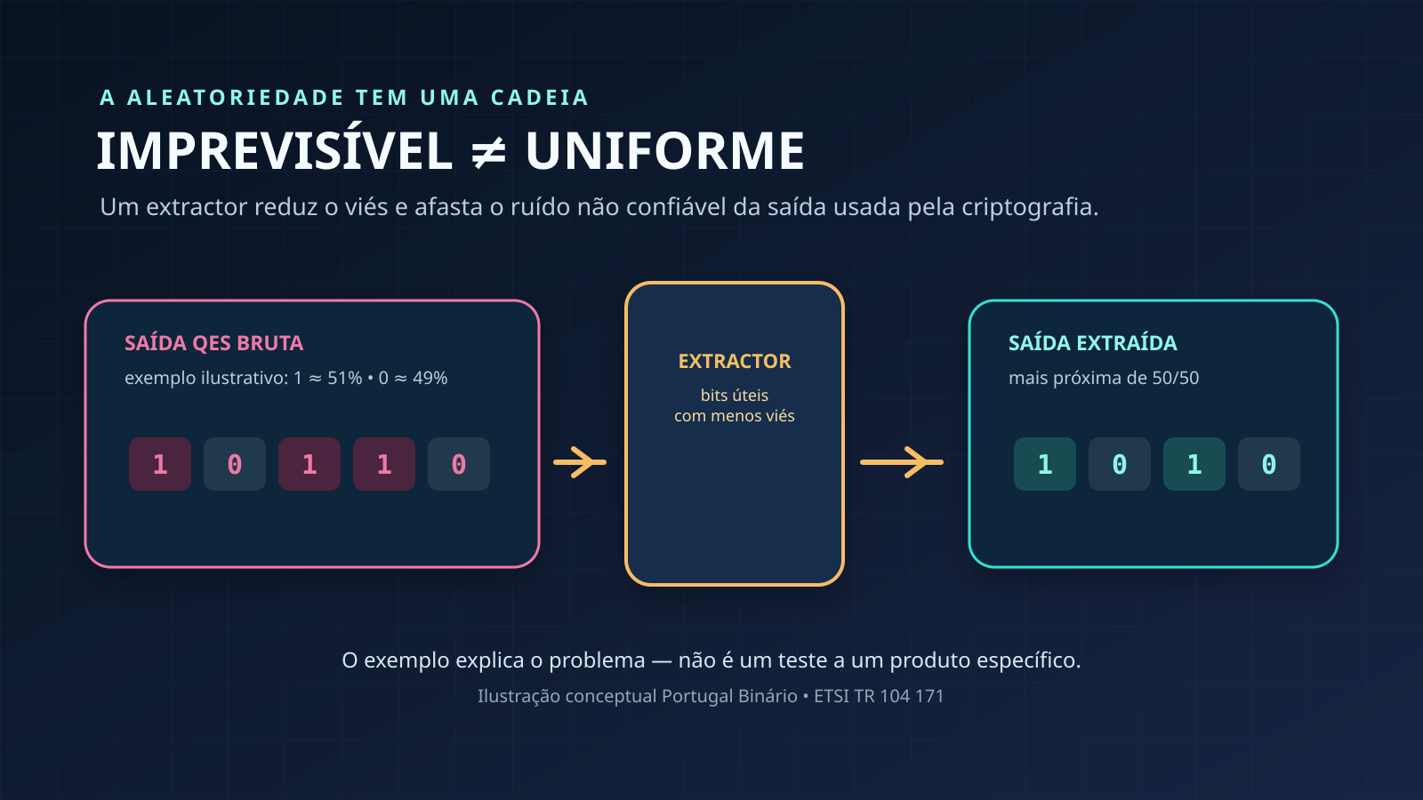 Diagrama conceptual de uma sequência de bits com ligeiro viés a passar por um extractor antes de chegar a uma saída mais próxima de uma distribuição uniforme
