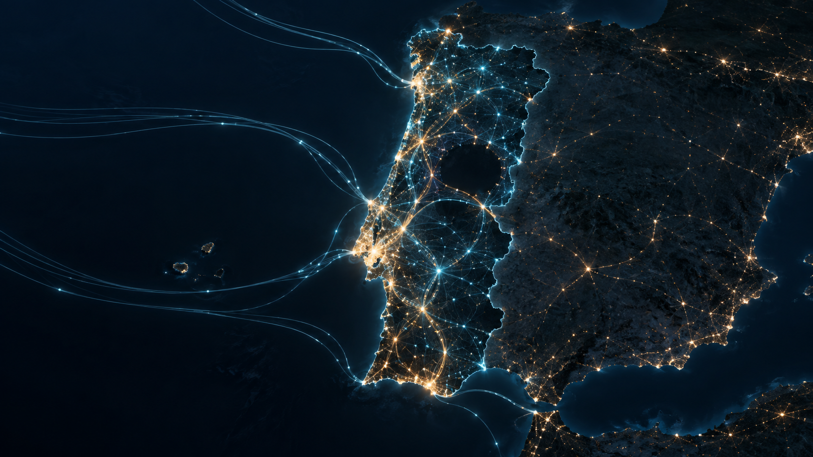 Mapa abstrato de Portugal iluminado por rotas de rede durante uma perturbação de conectividade