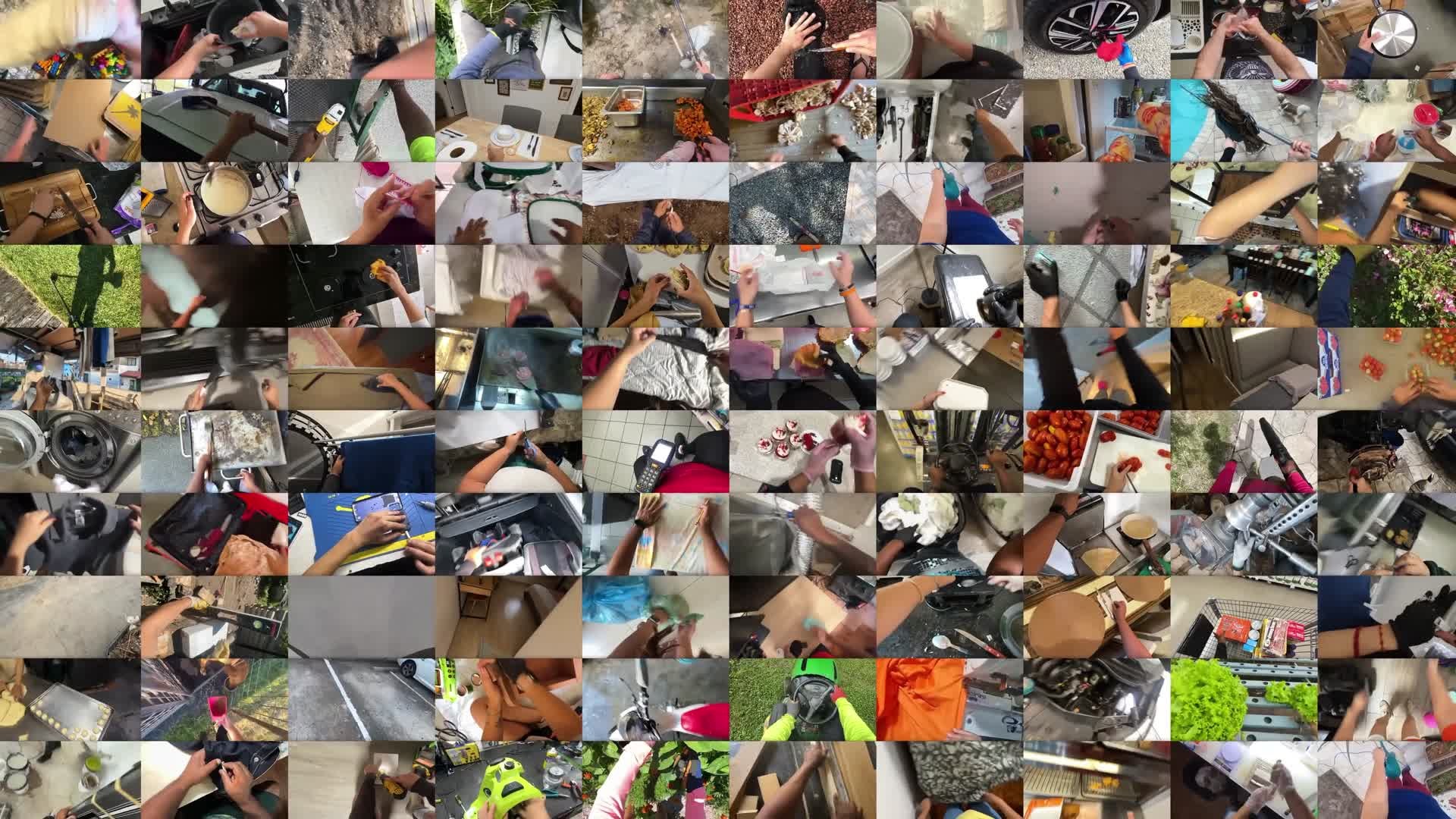 Mosaico com cerca de uma centena de vídeos em primeira pessoa de mãos a cozinhar, limpar, lavar, conduzir e arrumar, sobrepostos em grelha.