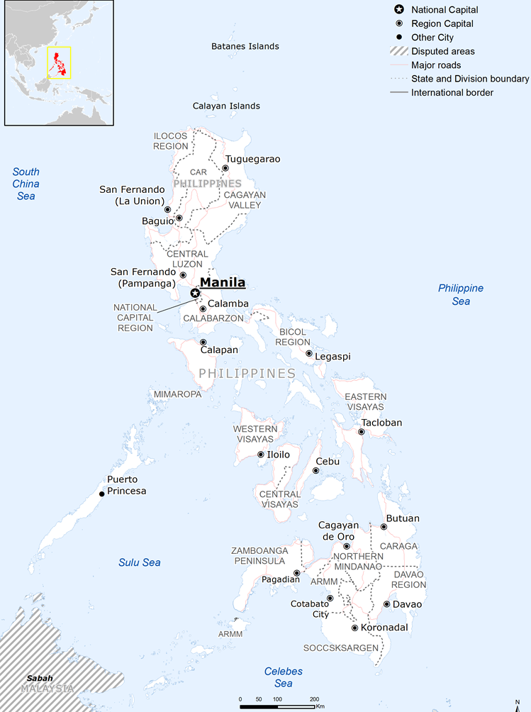 Mapa administrativo das Filipinas com as regiões de Luzon, Visayas e Mindanao e as ilhas Batanes e Palawan assinaladas