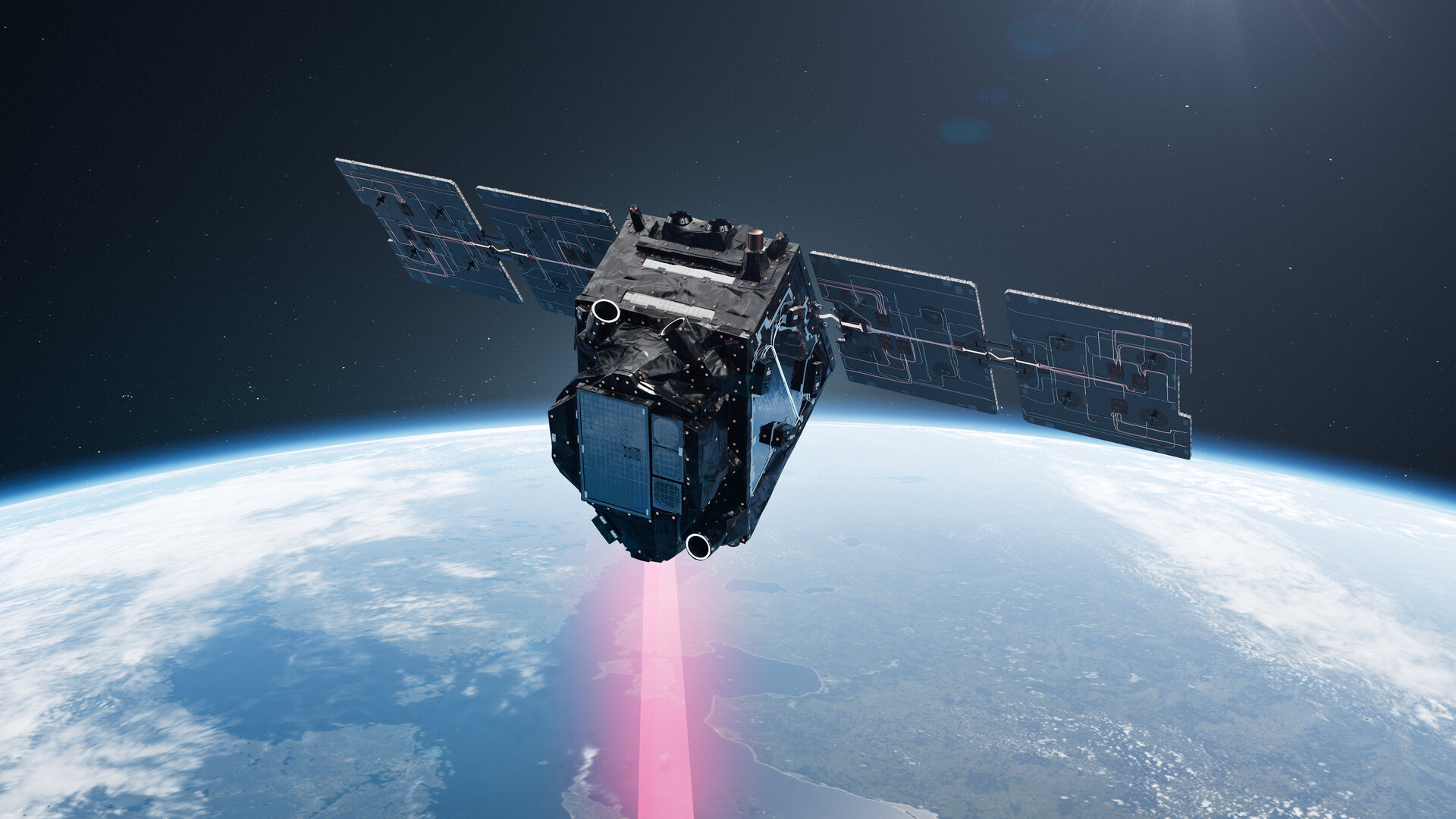Ilustração do satélite FLEX em órbita da Terra, com painéis solares abertos e um feixe cor-de-rosa que desce até à vegetação.