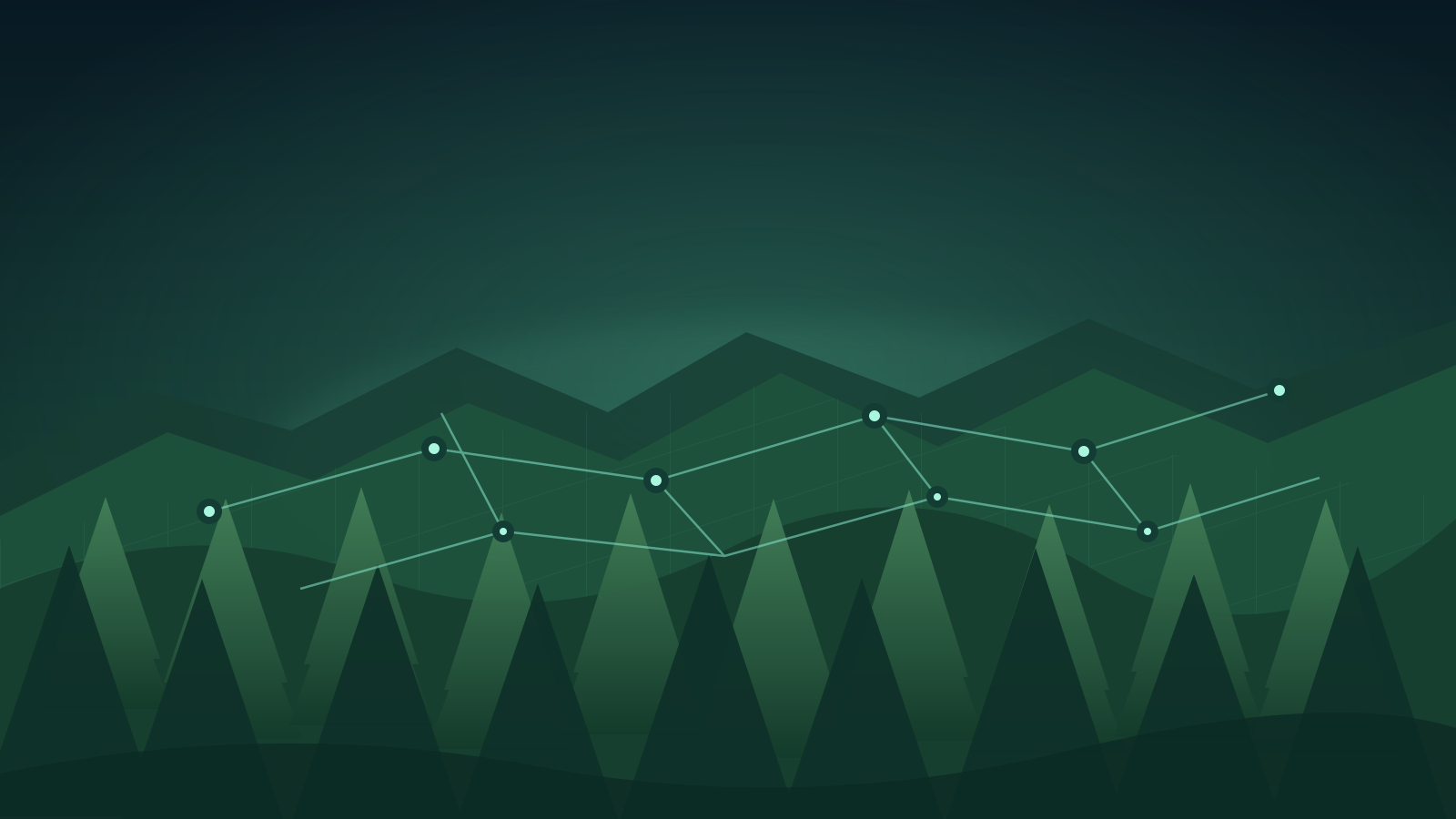 Ilustração conceptual de uma floresta estilizada atravessada por linhas e pontos de monitorização digital