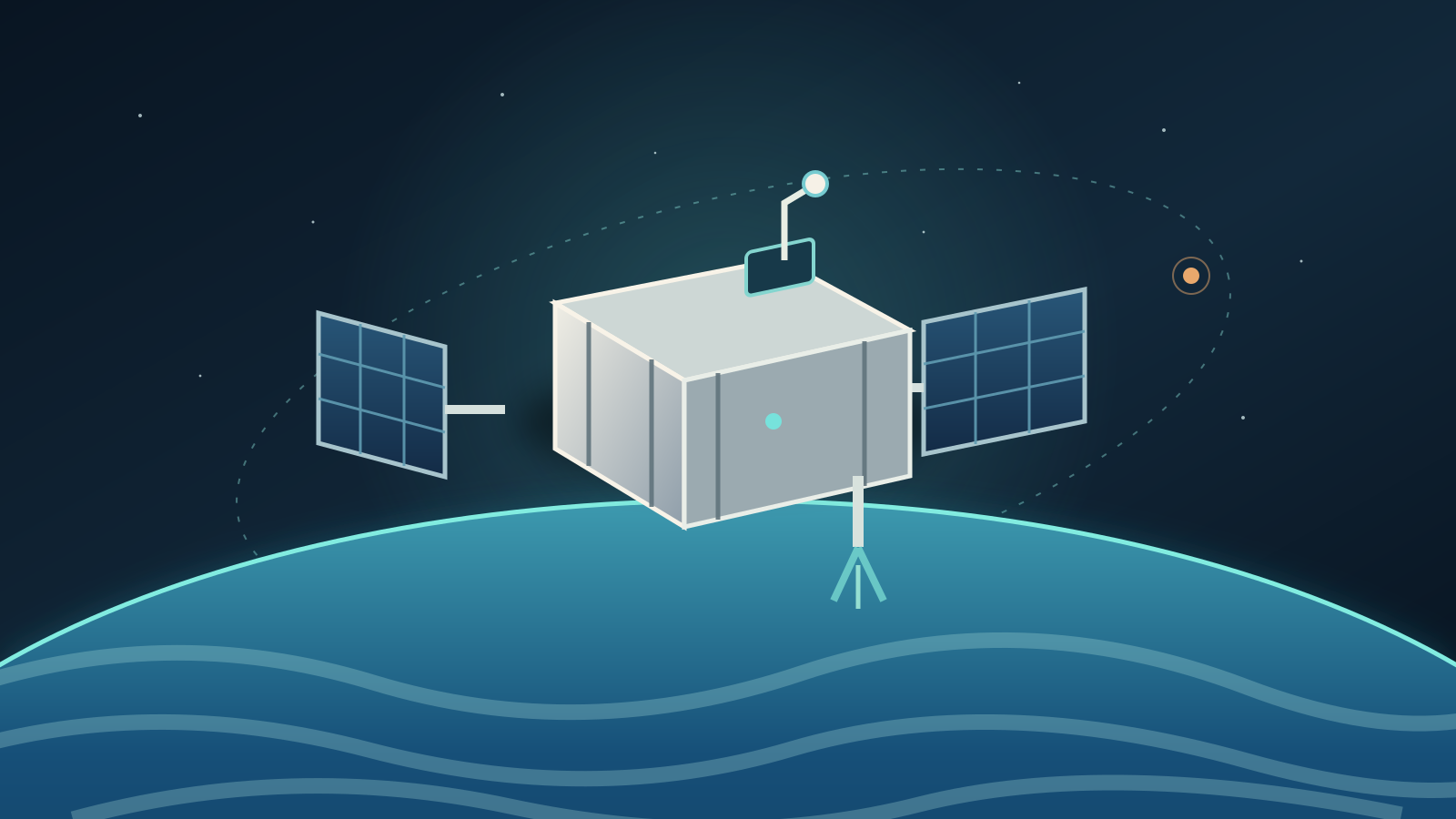 Ilustração conceptual de um CubeSat com painéis solares e antenas em órbita sobre a Terra; não é uma fotografia do GOMX-5.