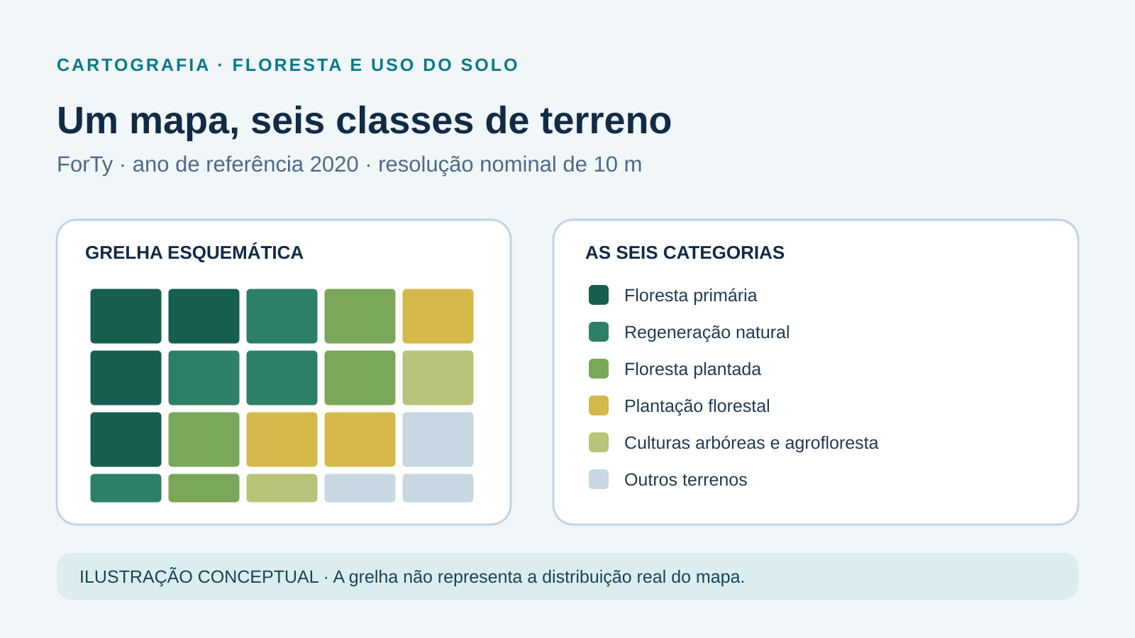 Infografia conceptual com uma grelha de cores e legenda das seis classes do ForTy; a grelha não representa um local real nem a distribuição do mapa.