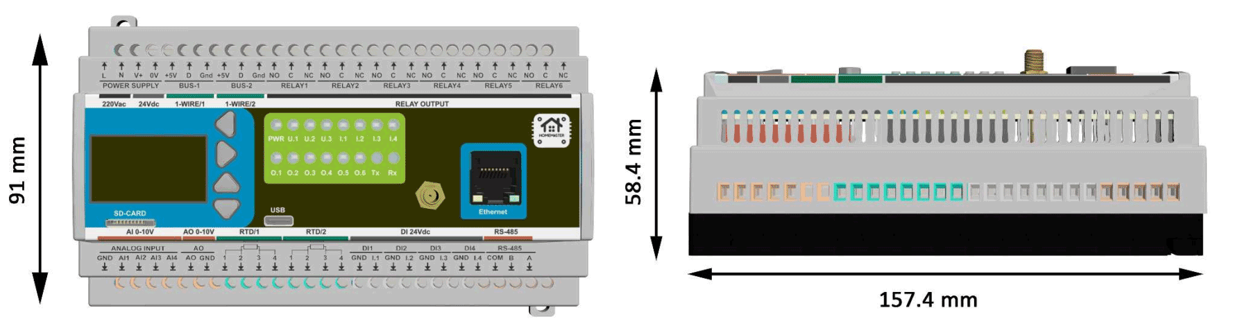 Desenho técnico do HomeMaster MiniPLC com vistas frontal e lateral e dimensões em milímetros