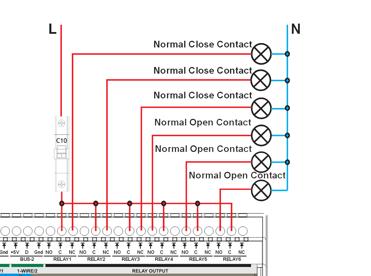 Esquema de ligação dos seis relés do HomeMaster MiniPLC com contactos normalmente abertos e normalmente fechados