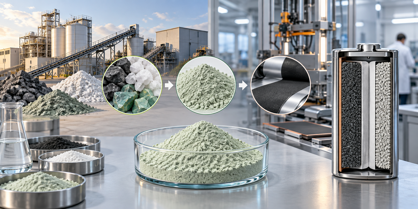 Ilustração da transformação de materiais minerais em pó catódico LFP e depois em camadas de uma célula