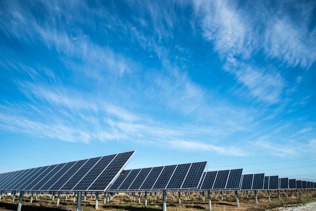 Fileiras de painéis solares fotovoltaicos instalados num campo aberto sob um céu azul claro