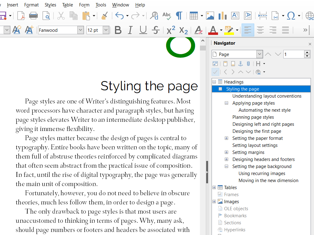 LibreOffice Writer aberto com um documento estruturado e o painel Navigator visível