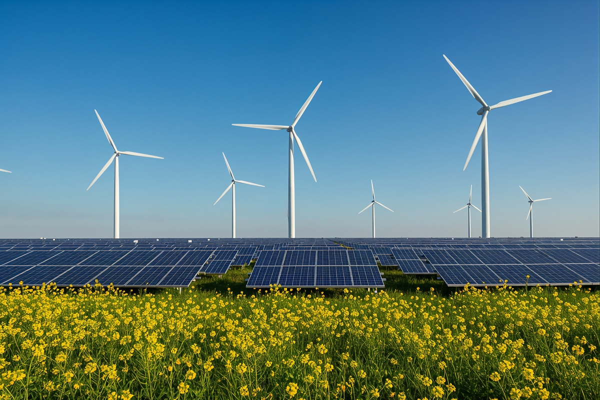 Campo de flores amarelas com painéis solares e aerogeradores ao fundo — paisagem típica de produção renovável híbrida