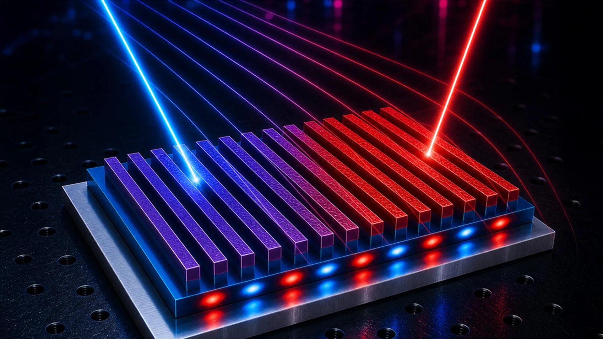 Renderização 3D de uma metassuperfície com gradiente de cor azul a vermelho e feixes laser, representando controlo programável de radiação térmica
