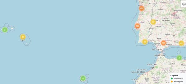 Dashboard de estado da rede Meshtastic mostrando nós conectados e incompletos em Portugal, Espanha, Açores, Madeira e Marrocos