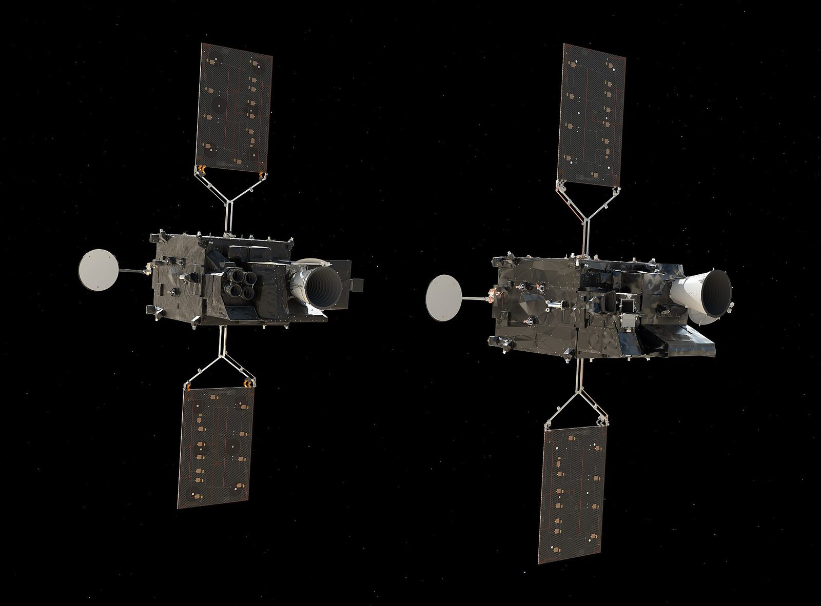 Dois satélites idênticos vistos lado a lado sobre fundo negro estrelado, cada um com dois painéis solares rectangulares acima e abaixo do corpo e uma antena circular à esquerda.