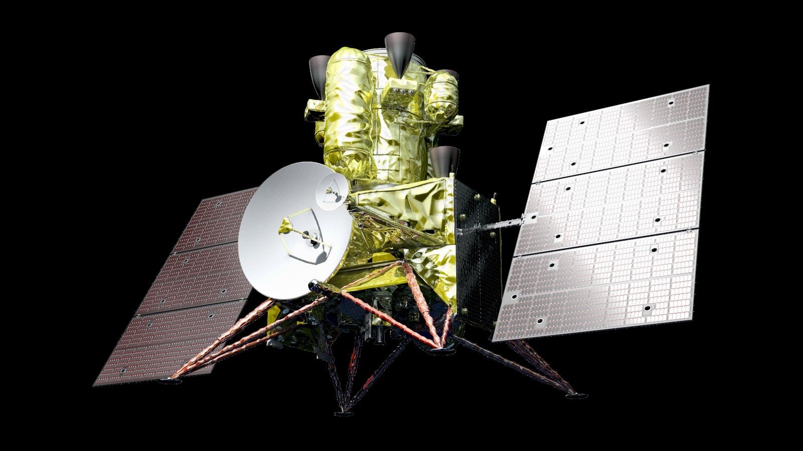 Concepção artística de uma sonda espacial sobre fundo branco: corpo central revestido de folha térmica dourada e enrugada, com painéis solares rectangulares e escuros abertos de cada lado, uma antena parabólica branca à frente e quatro pernas de aterragem com pratos nas extremidades.