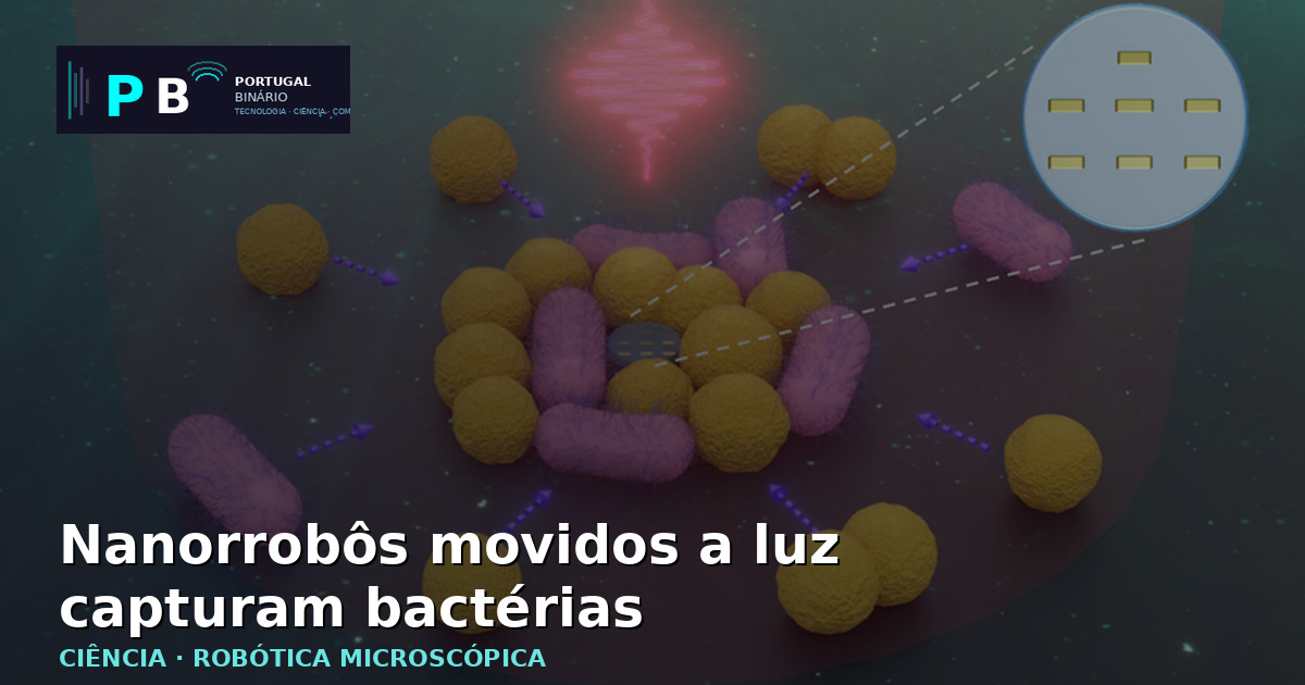 Ilustração científica de um nanorrobô movido a luz a interagir com bactérias