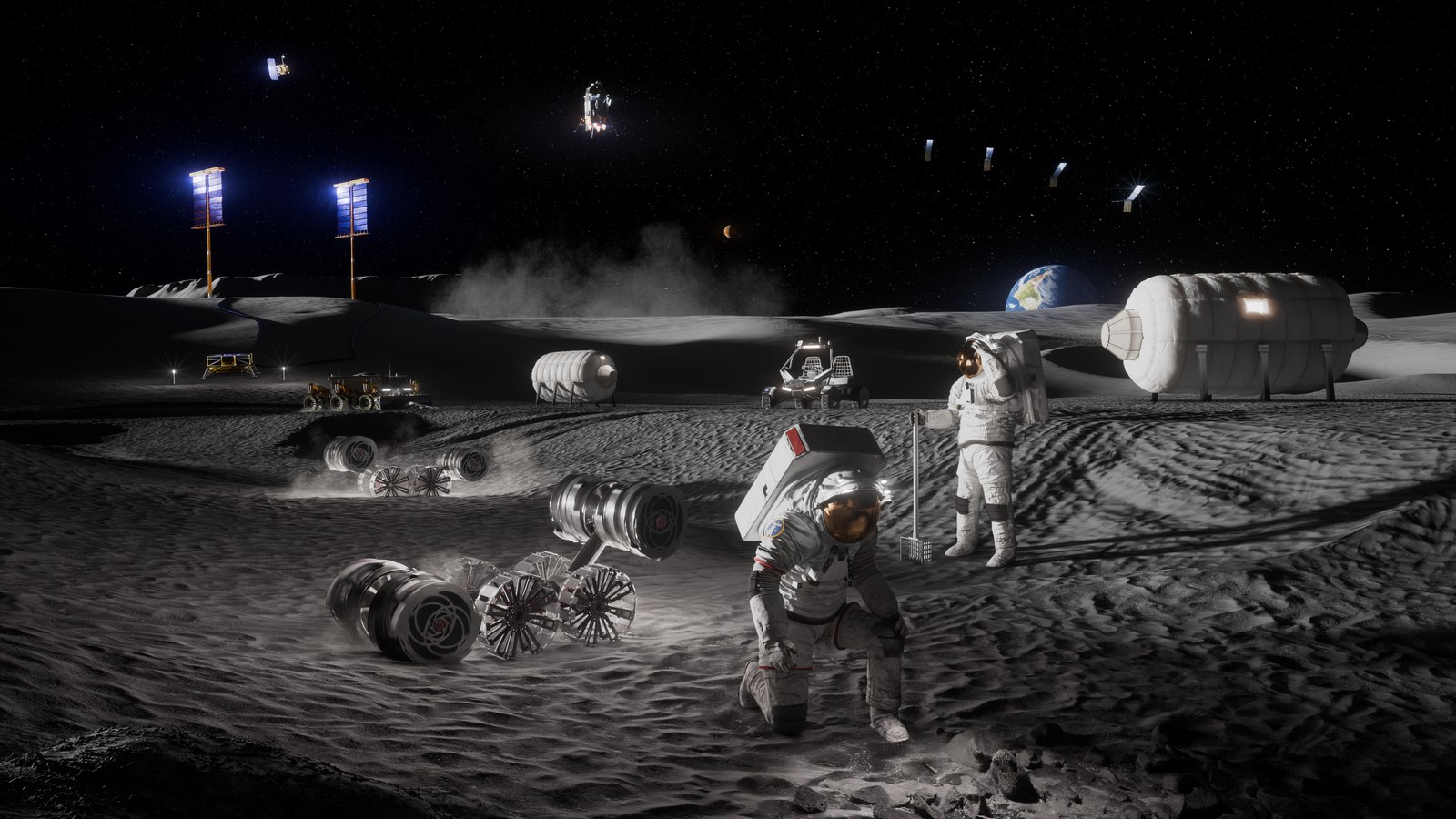 Ilustração de astronautas e habitats numa paisagem lunar, com rovers, módulos iluminados e a Terra no céu
