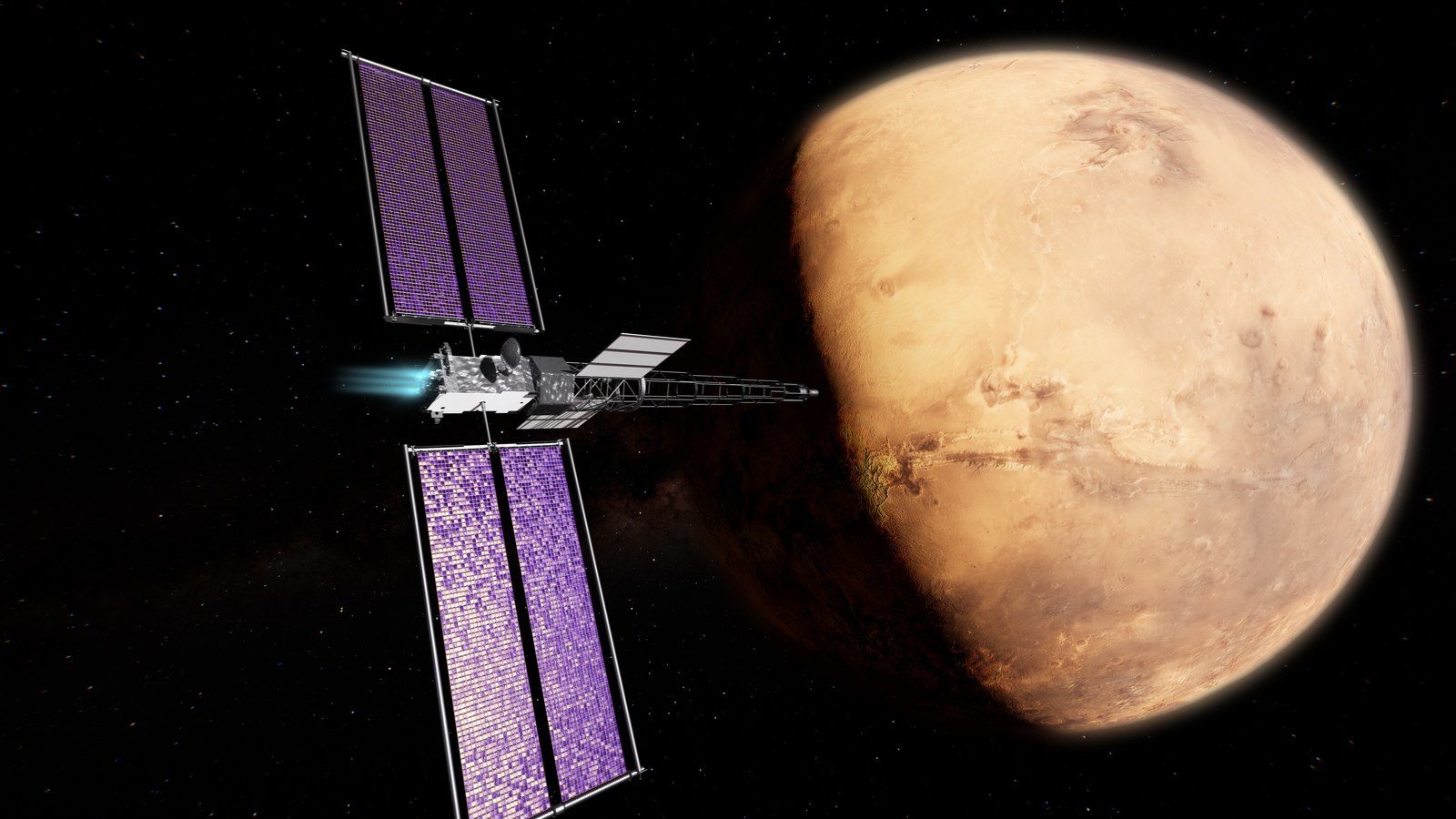 Ilustração da nave SR-1 Freedom: painéis solares e propulsores a disparar, com Marte em grande plano ao fundo