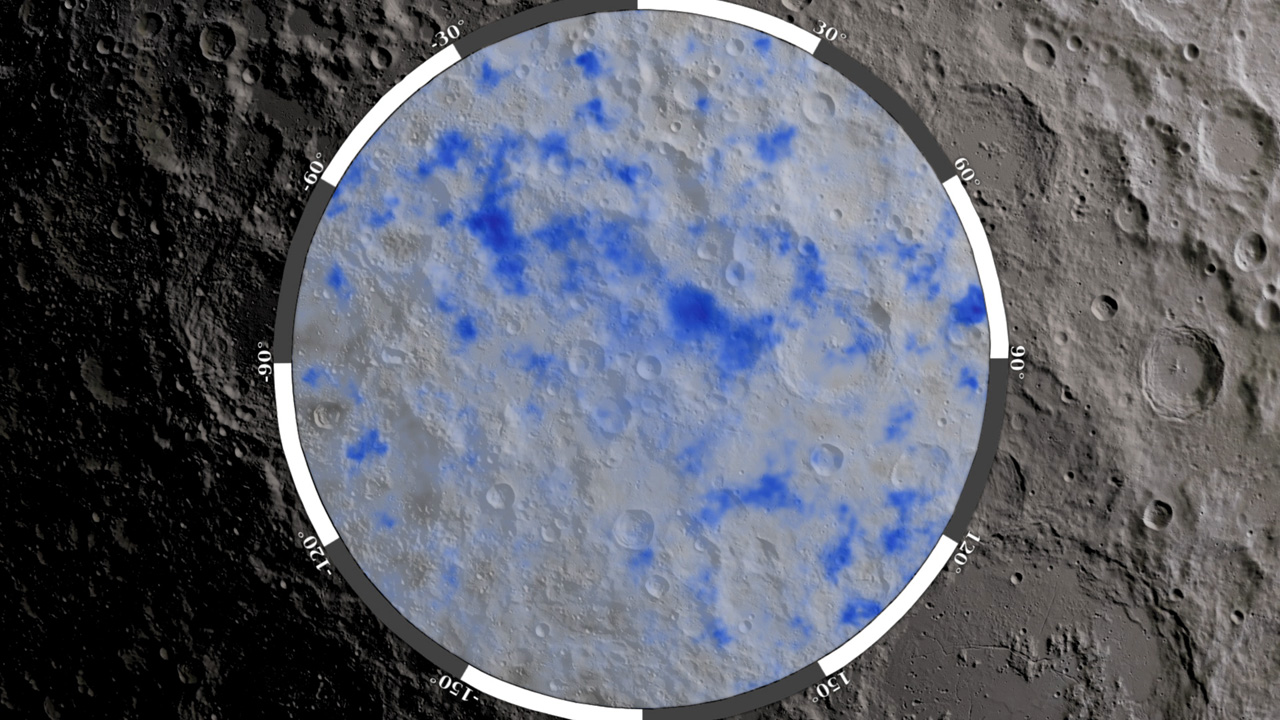 Mapa científico da região polar lunar com possíveis depósitos de gelo assinalados a azul; visualização da NASA baseada em dados do LRO, não uma saída do modelo NASA-IBM