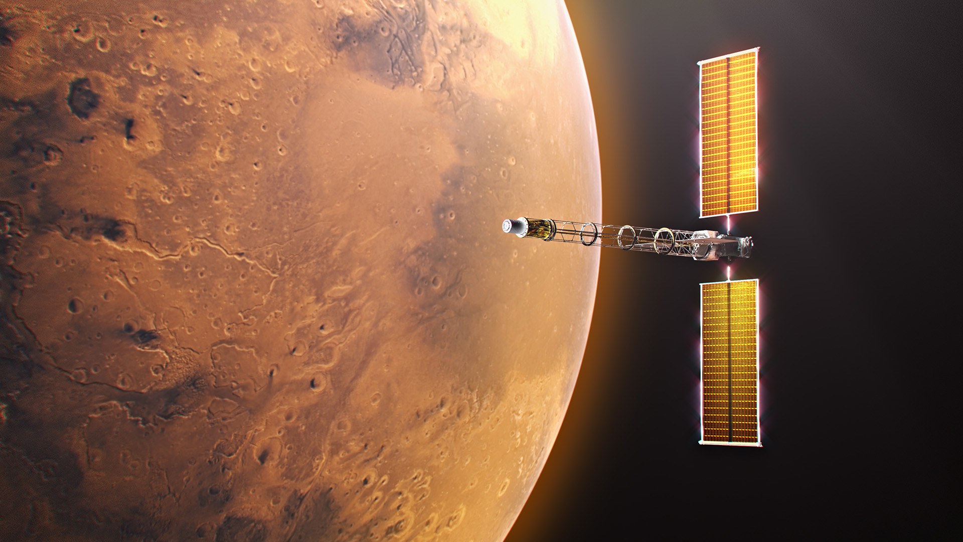 Conceito artístico de uma nave espacial com um braço comprido em estrutura de treliça e dois painéis solares, sobre a superfície vermelha de Marte
