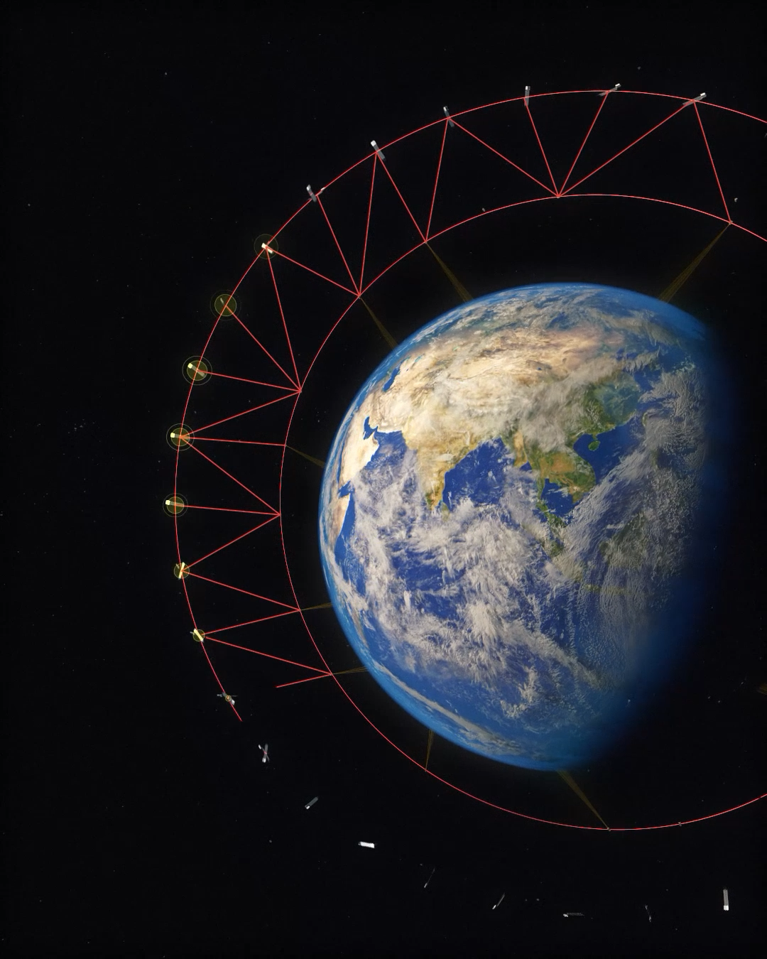 Vista da Terra em órbita baixa com uma malha de satélites ligados por linhas ópticas vermelhas, sobre fundo negro do espaço