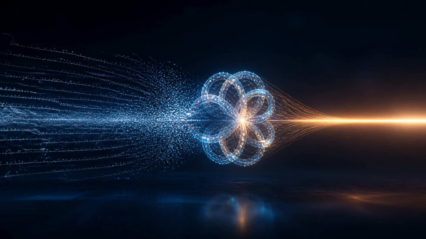 Ilustração conceptual de um fluxo de texto a transformar-se num circuito recorrente compacto antes de produzir uma resposta