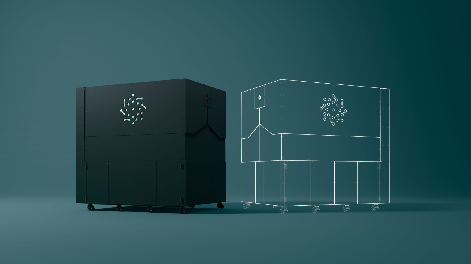 Renderização de um equipamento modular acompanhada por um desenho de contornos