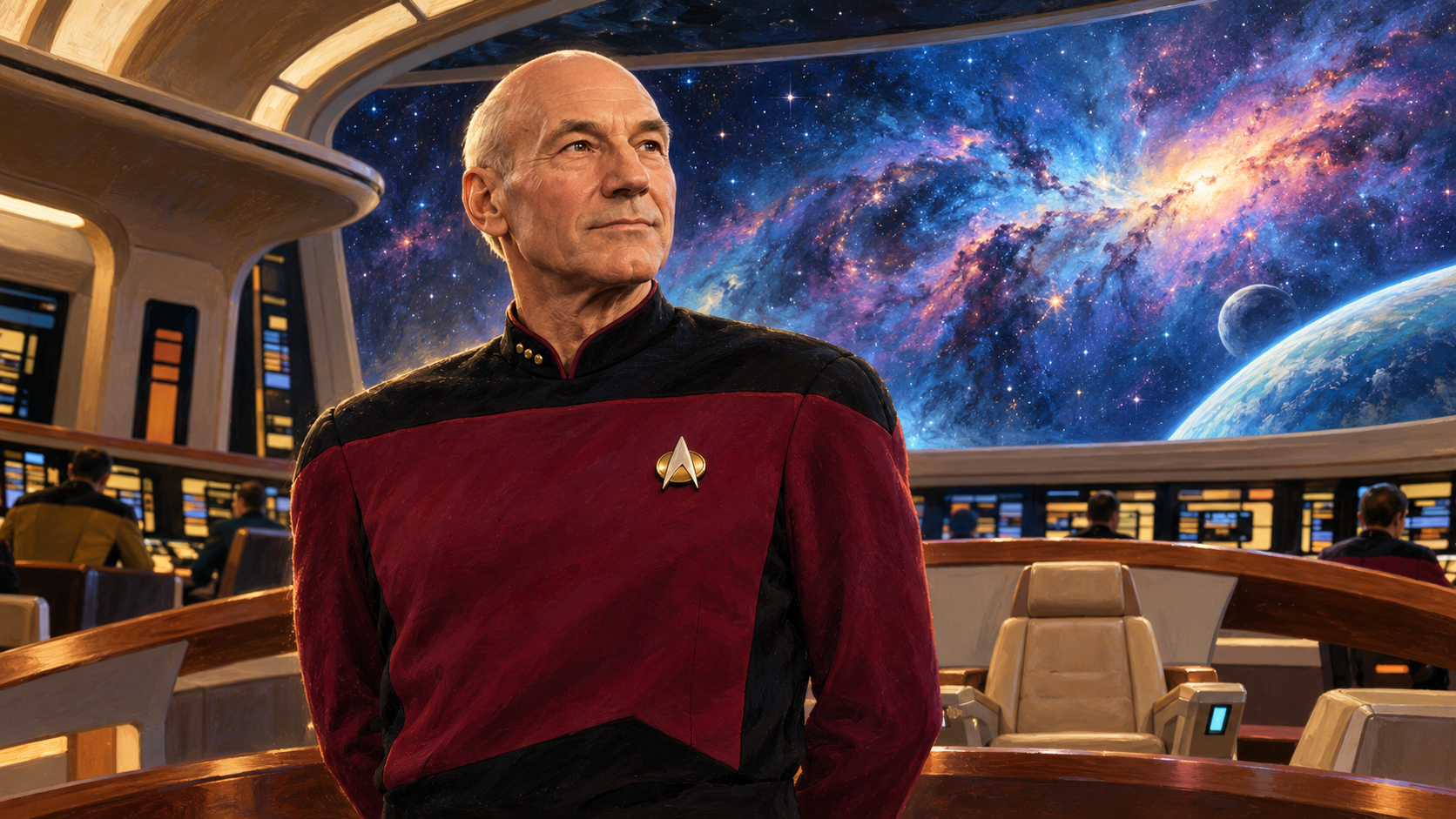 Ilustração de homenagem a Patrick Stewart como Jean-Luc Picard, de uniforme vermelho e preto na ponte da Enterprise, diante das estrelas