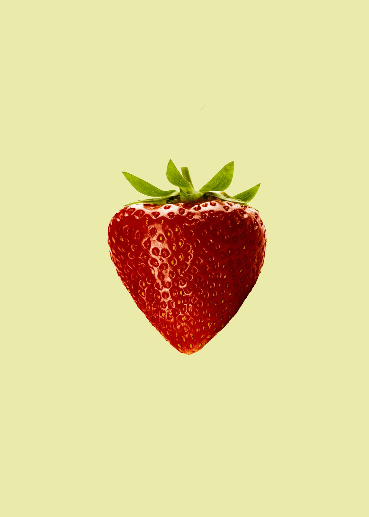 Morango vermelho fresco com folhas verdes sobre fundo verde-limão — símbolo da fileira dos pequenos frutos em Portugal, que já vale mais de mil milhões de euros.