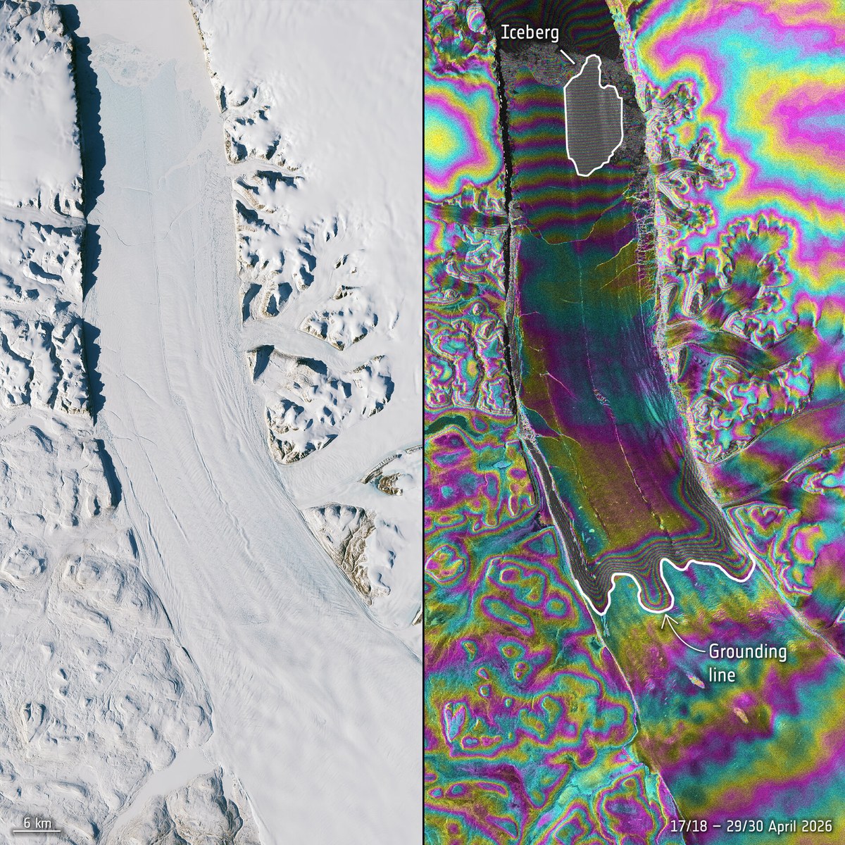 Imagem ótica e interferograma Sentinel‑1 que mostram fissuras na língua de gelo do glaciar Petermann
