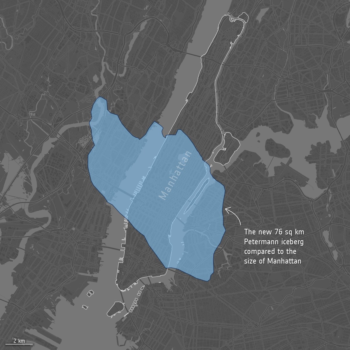Mapa que sobrepõe a área da nova ilha de gelo à ilha de Manhattan