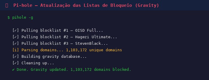 Terminal a executar o comando 'pihole -g' — atualização das listas de bloqueio com mais de 1 milhão de domínios