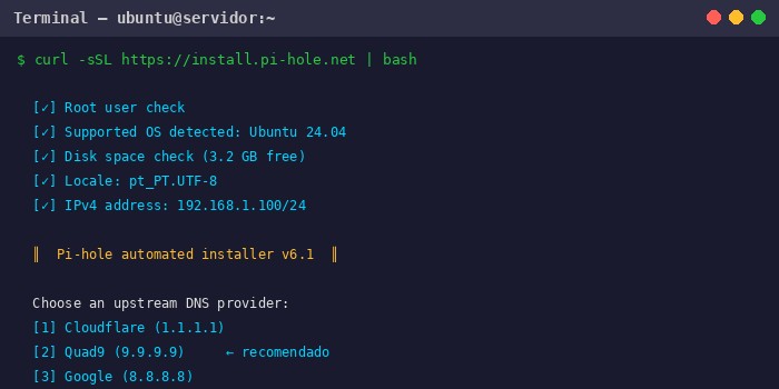 Terminal Linux a executar o instalador oficial do Pi-hole — o comando curl seguido da verificação de sistema e escolha do fornecedor DNS
