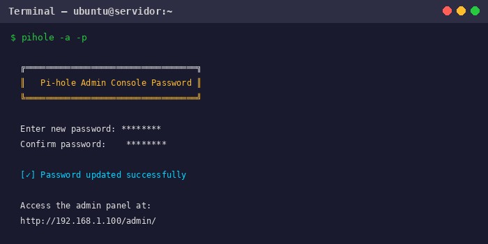 Terminal a definir a password de administração do Pi-hole — interface de linha de comandos com confirmação de password
