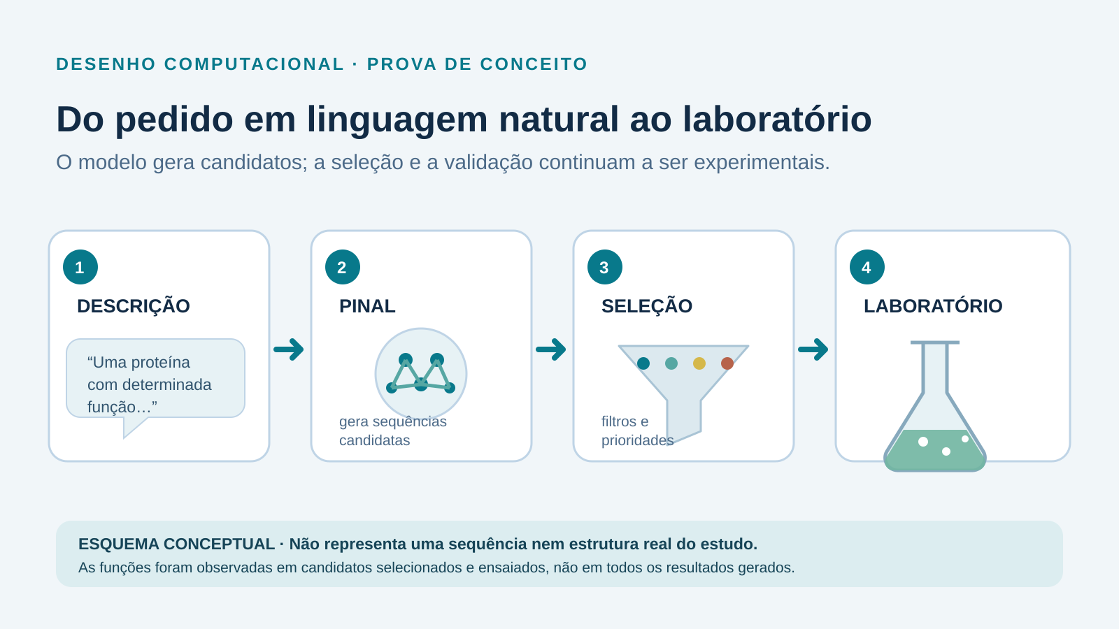 Esquema conceptual com descrição de uma função, modelo Pinal, seleção computacional e ensaio laboratorial; não mostra uma sequência ou estrutura real do estudo.