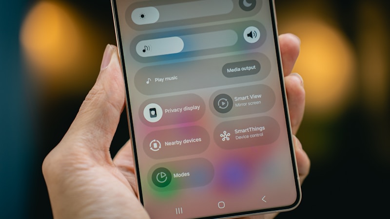 Smartphone Samsung com o painel de definições rápidas aberto, mostrando a opção Privacy Display e controlos de privacidade