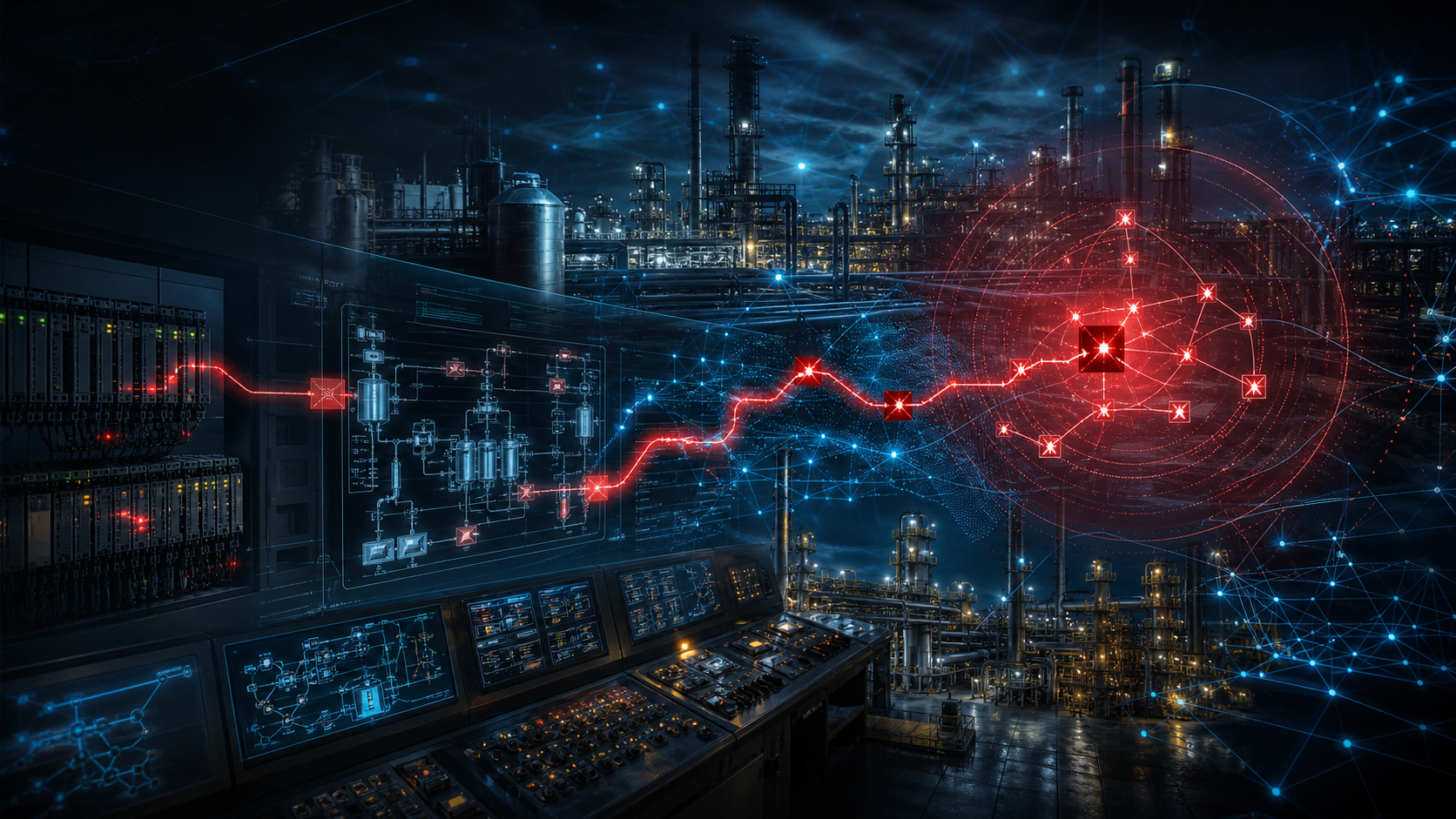 Instalação industrial e sala de controlo atravessadas por uma rede digital com sinal de ransomware