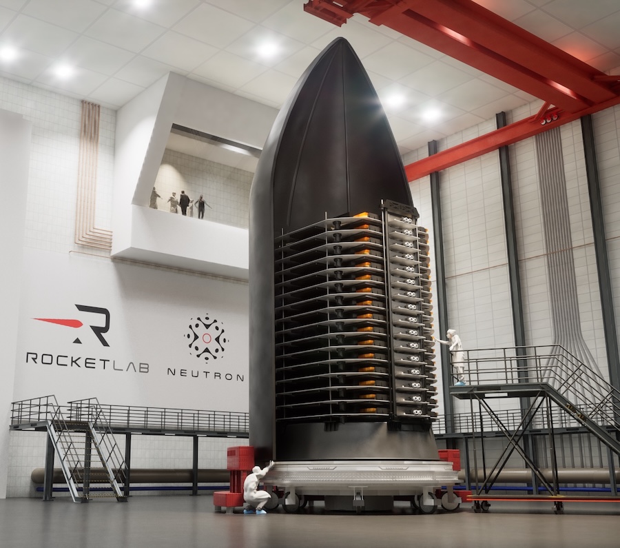 Ilustração de um satélite Flatellite da Rocket Lab dentro da coifa do foguetão Neutron
