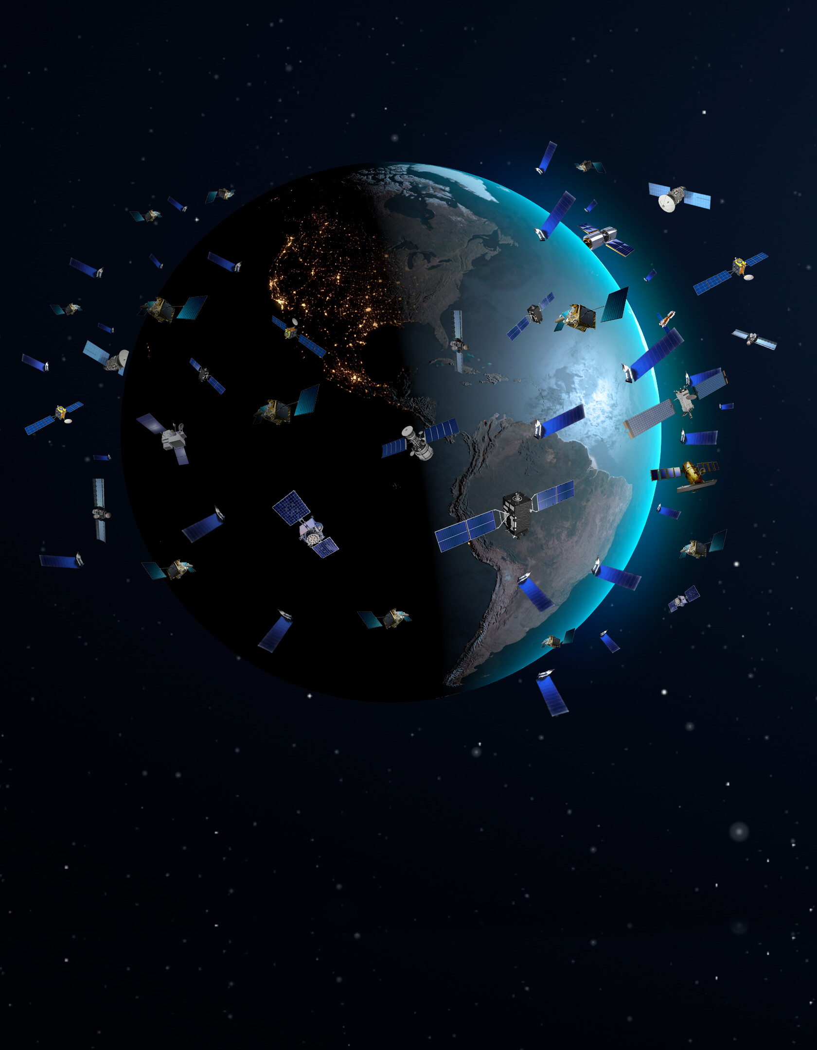 Ilustração de constelação de satélites em órbita baixa da Terra, com painéis solares estendidos